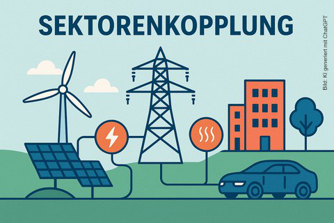 Cartoon Zeichnung - mit Windrad, Solaranlage, Auto und Haus im Hintergrund